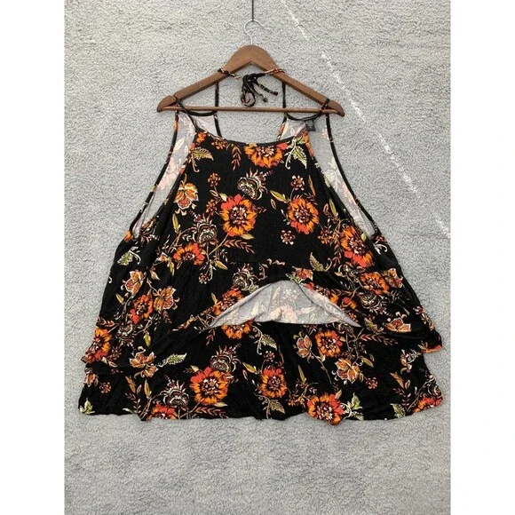 TORRID 5 Spaghetti Strap Black Orange Floral Tiered Tie-Neck Blouse Top Drapey - Picture 5 of 10